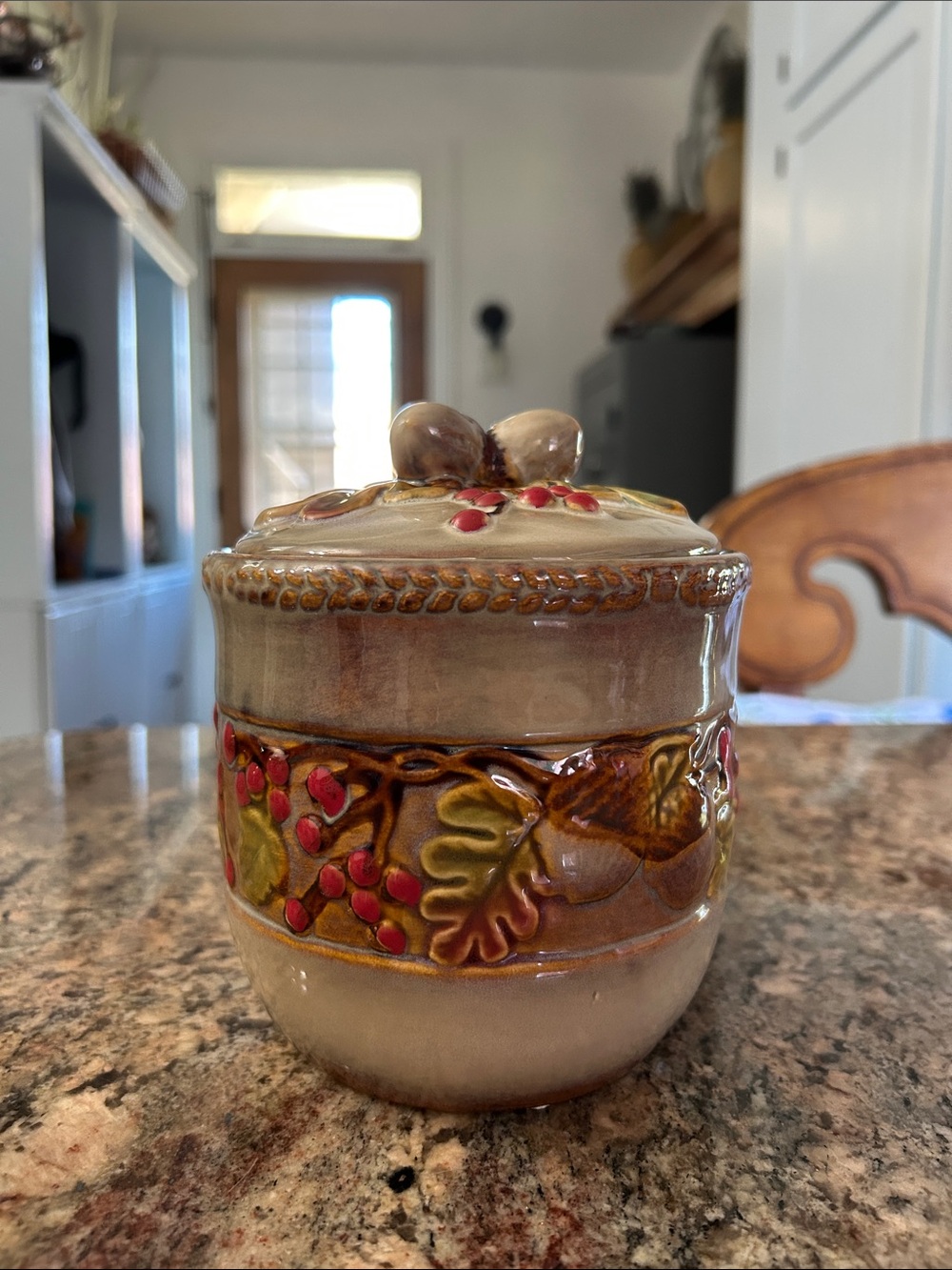 Autumnal Decorative Ceramic Lidded Jar with Berry and Acorn Motif - Gray & Red
